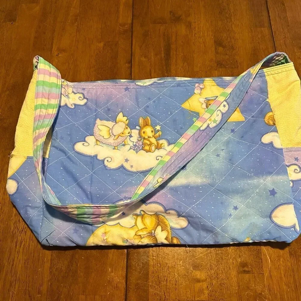 Vintage Style Handmade Quilted Baby Diaper Bag Tote Bear Moon Stars 21”x13”